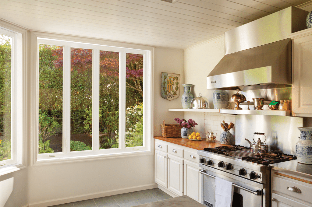 Residential windows in a kitchen.  This is a 4-lite casement window.